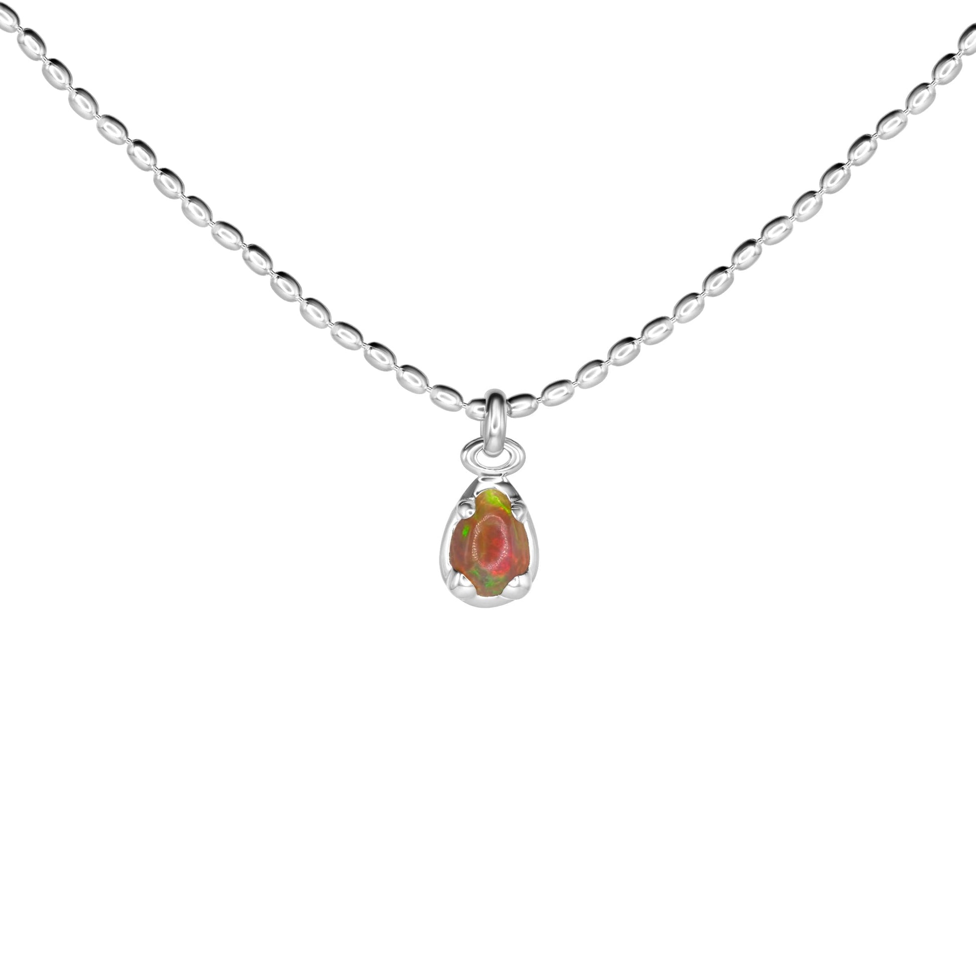 Silver necklace with a teardrop-shaped pendant on a white background